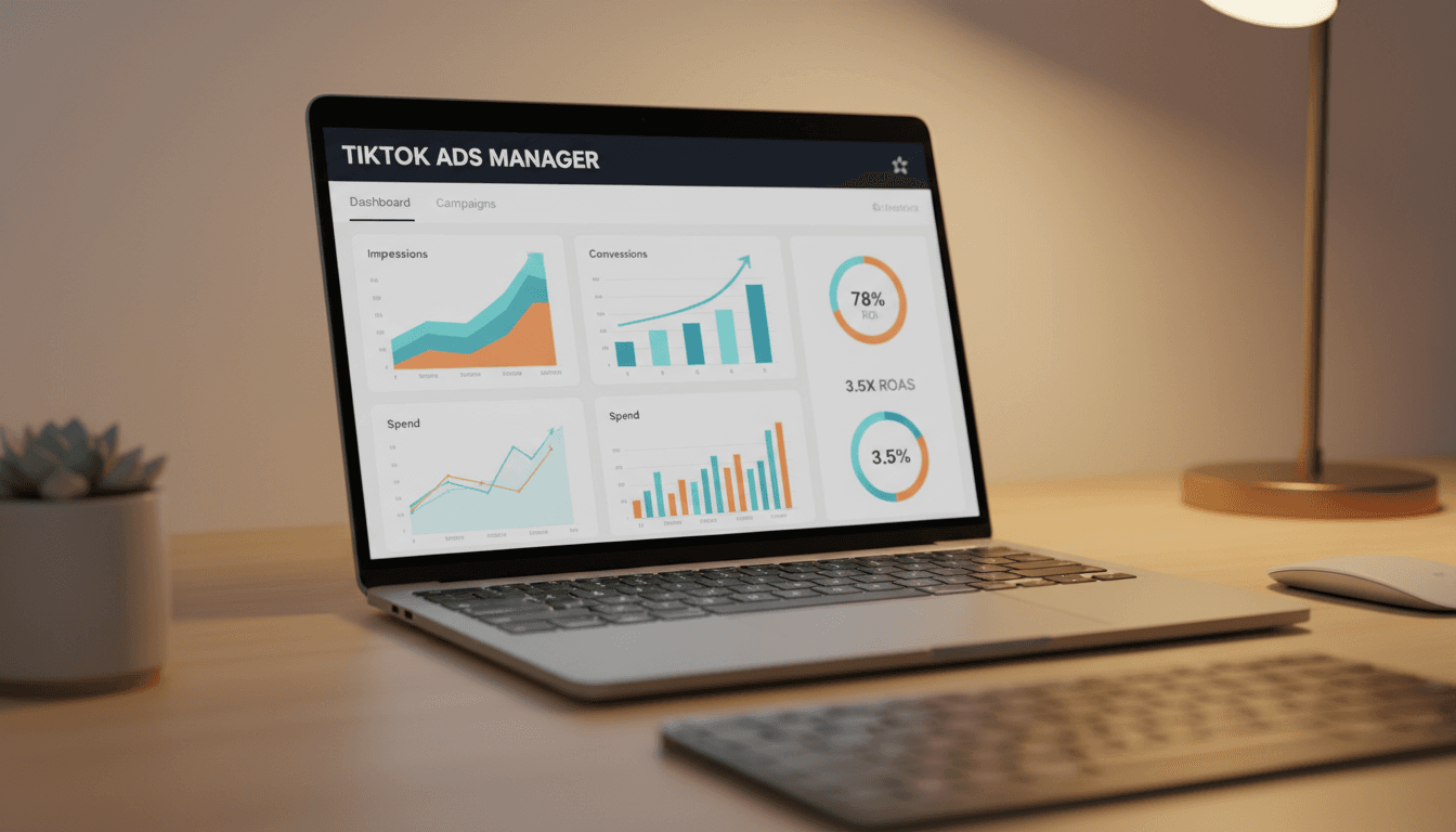 TikTok Ads dashboard with campaign analytics and performance metrics on laptop screen