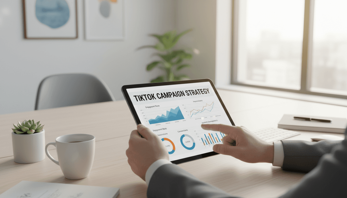 Professional reviewing TikTok campaign strategy on tablet with Rosenix insights