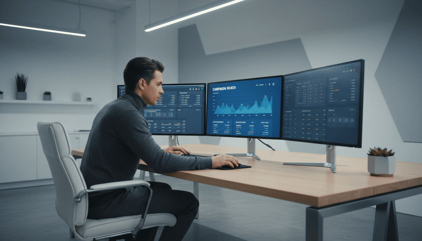 Professional analyzing TikTok campaign performance data on multiple monitors at a modern workspace