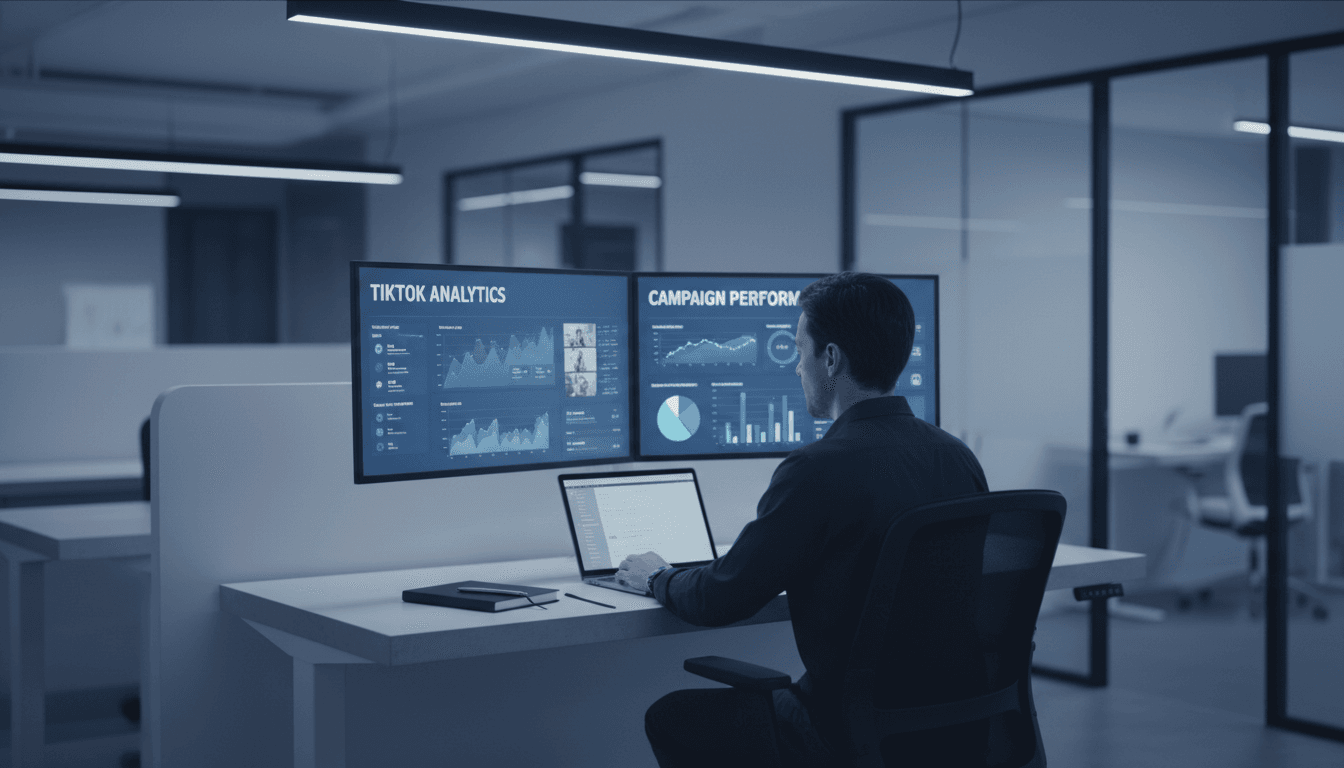 Professional using Rosenix platform to manage TikTok advertising campaigns on dual monitors