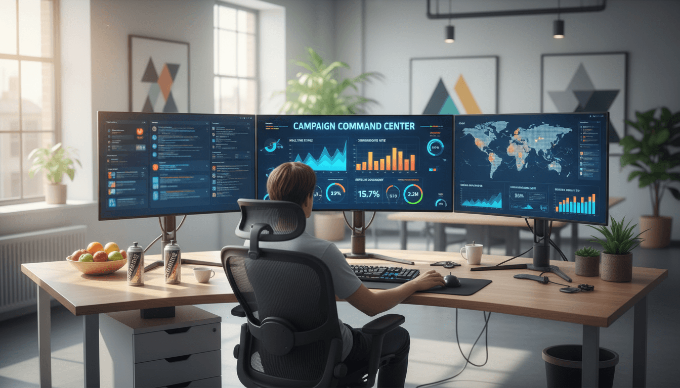 Professional workspace with laptop displaying TikTok analytics dashboard and performance metrics