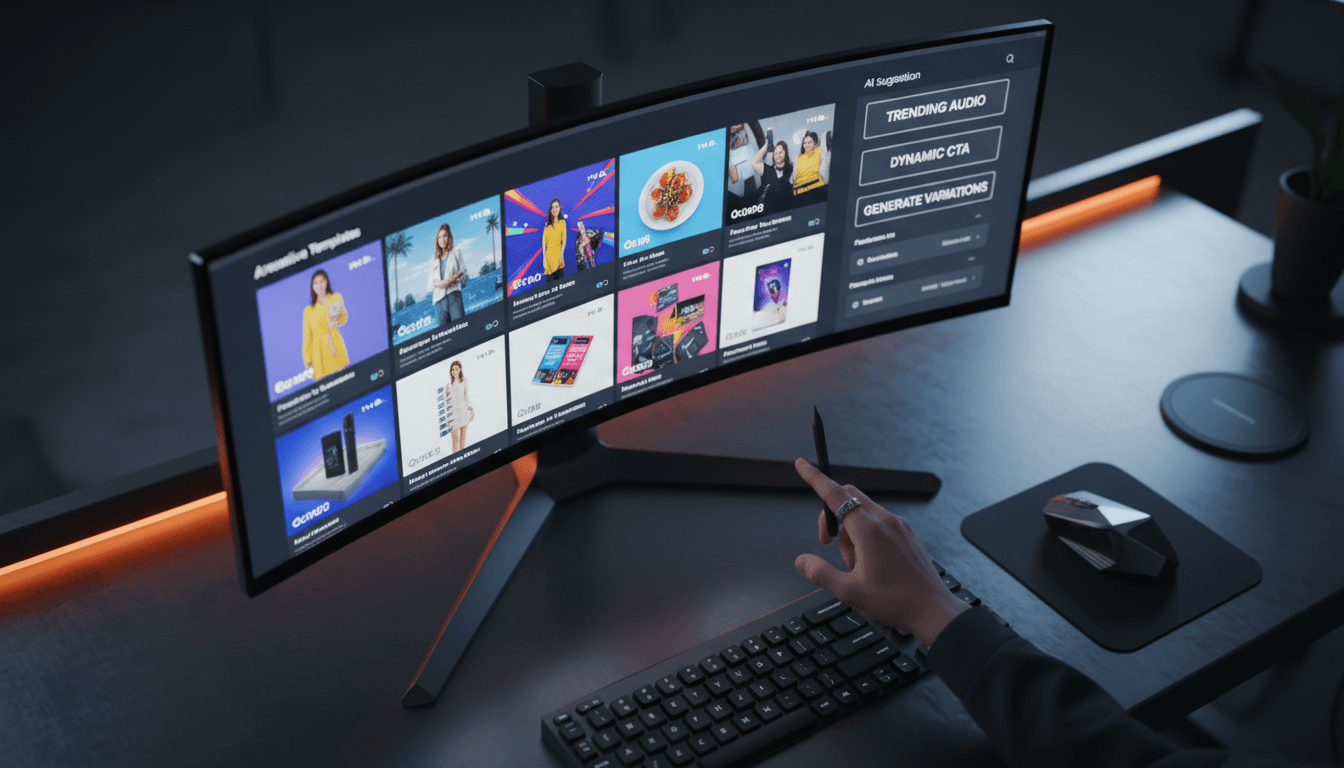 AI-assisted ad creation interface with design templates and variations
