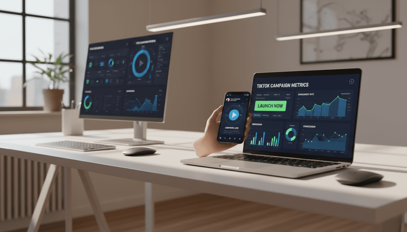 Professional digital workspace with laptop showing TikTok campaign analytics dashboard and smartphone displaying campaign performance metrics