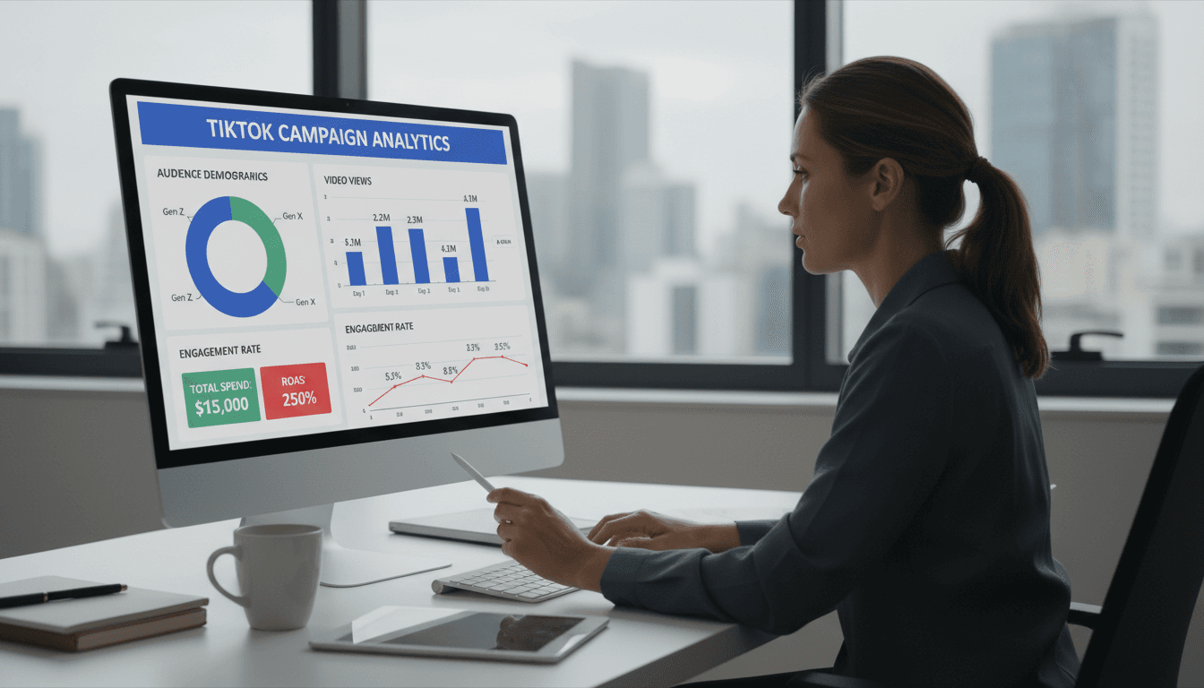 Digital marketer reviewing TikTok advertising analytics and campaign performance data on modern dashboard interface