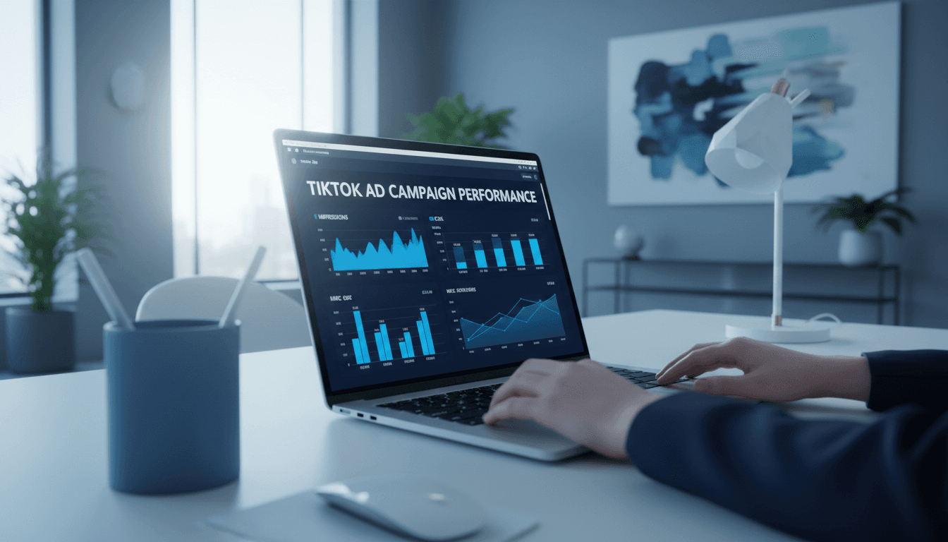 Professional workspace showing TikTok ad analytics dashboard on laptop screen