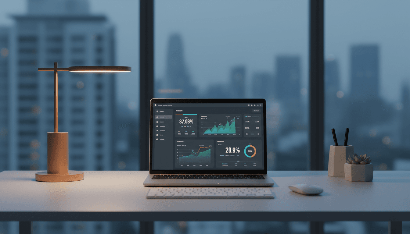 Professional digital workspace with analytics dashboard and performance metrics displayed on laptop screen