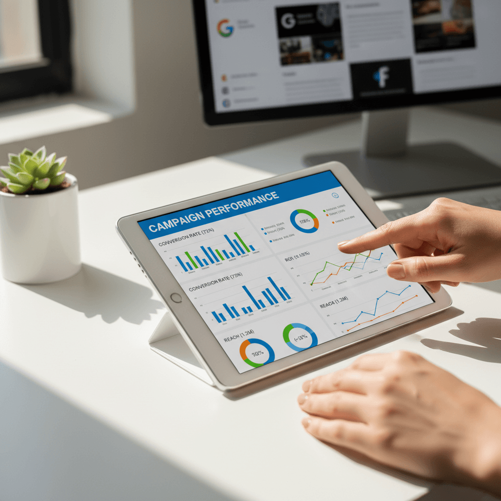 Professional reviewing TikTok advertising performance data on digital device